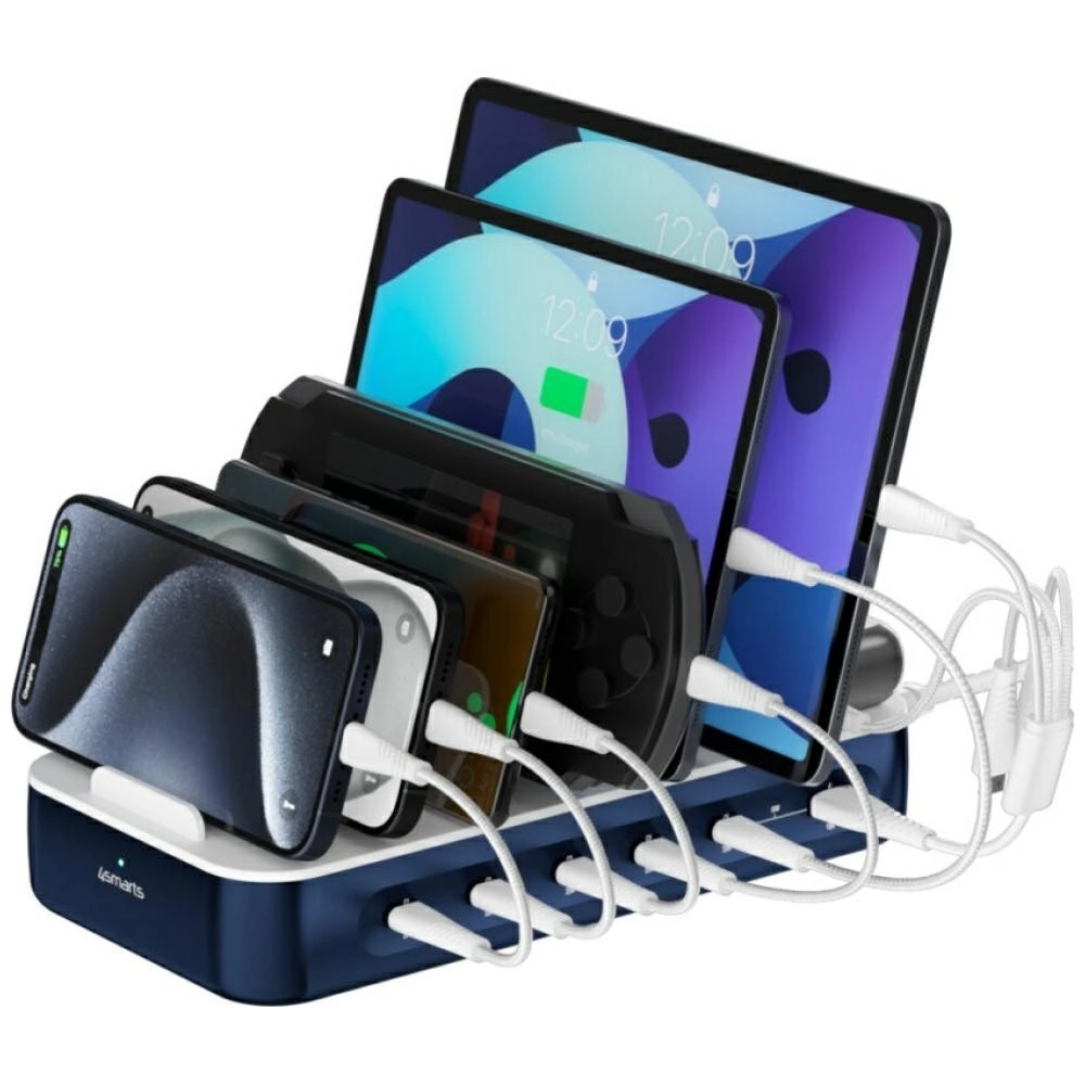 E-shop Nabíjacia stanica 4smarts Team 100W s káblami, 5× USB‑C + 1× USB‑A, pre až 9 zariadení, modrá
