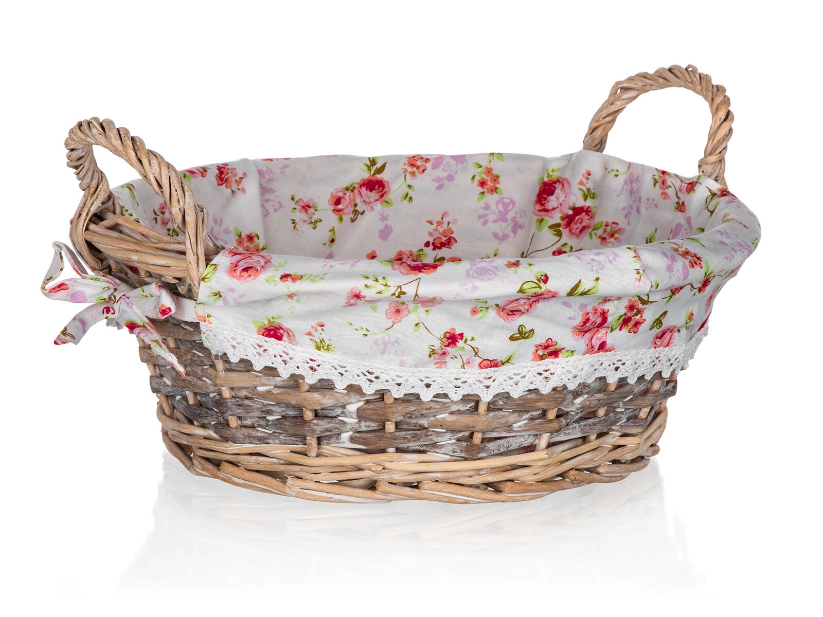 E-shop Prútený okrúhly košík s látkou ROSES 30 × 12 cm s úchytmi