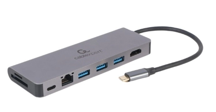 USB‑C hub s HDMI (UHD 4K), gigabit LAN, 2× USB‑A, SD/microSD a 100 W PD – CABLEXPERT