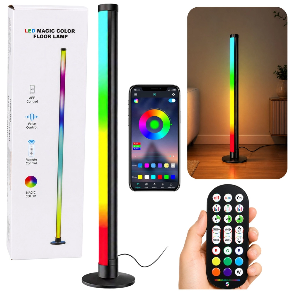 E-shop RGB LED rohová stojacia lampa 90 cm s hudobným režimom, aplikáciou a diaľkovým ovládačom
