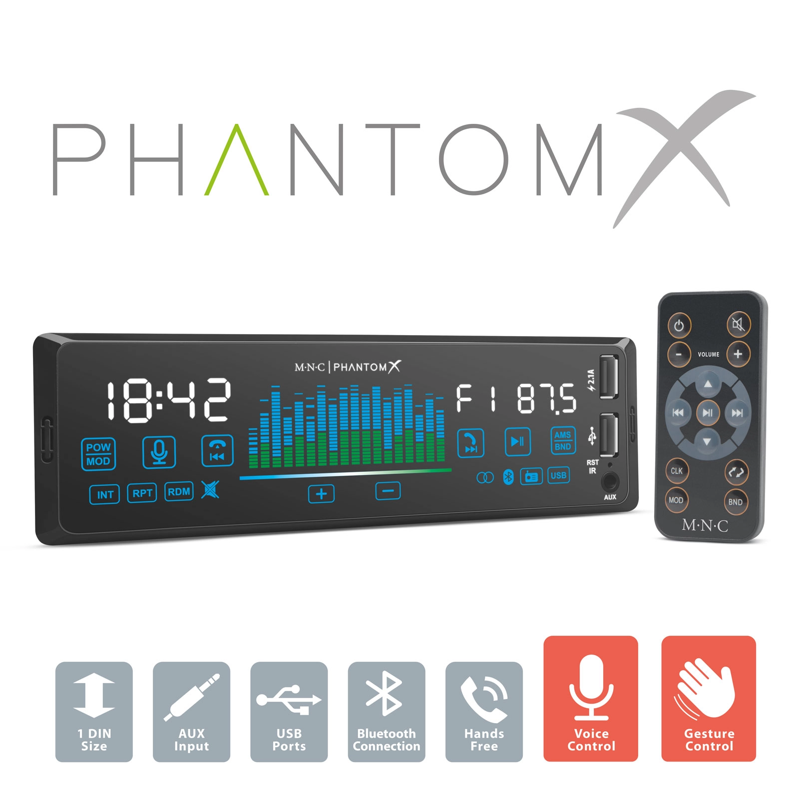 Autorádio MNC PhantomX 1 DIN s ovládaním gestami a Bluetooth
