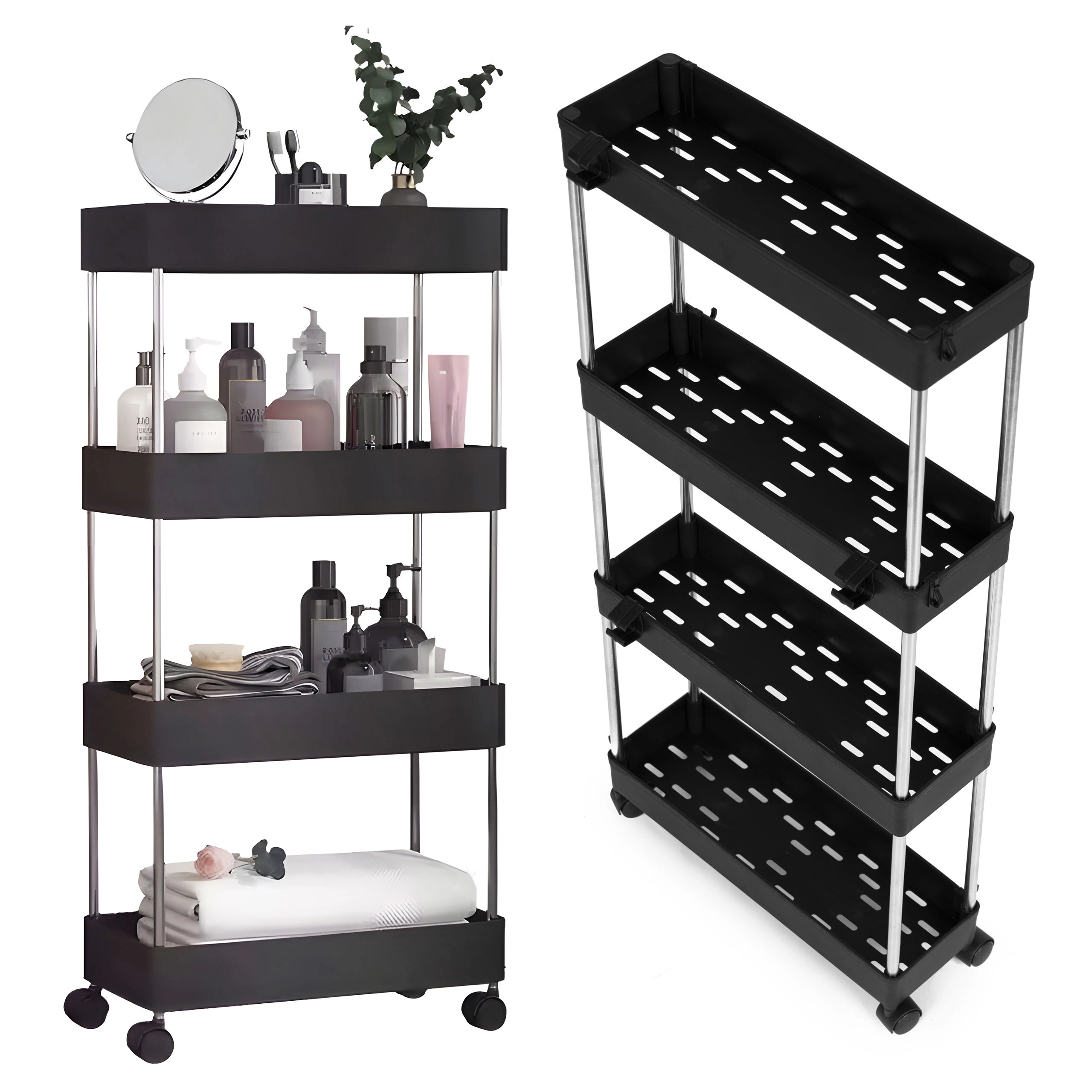 E-shop Plastový kúpeľňový regál na kolieskach so 4 policami ModernHome, čierny
