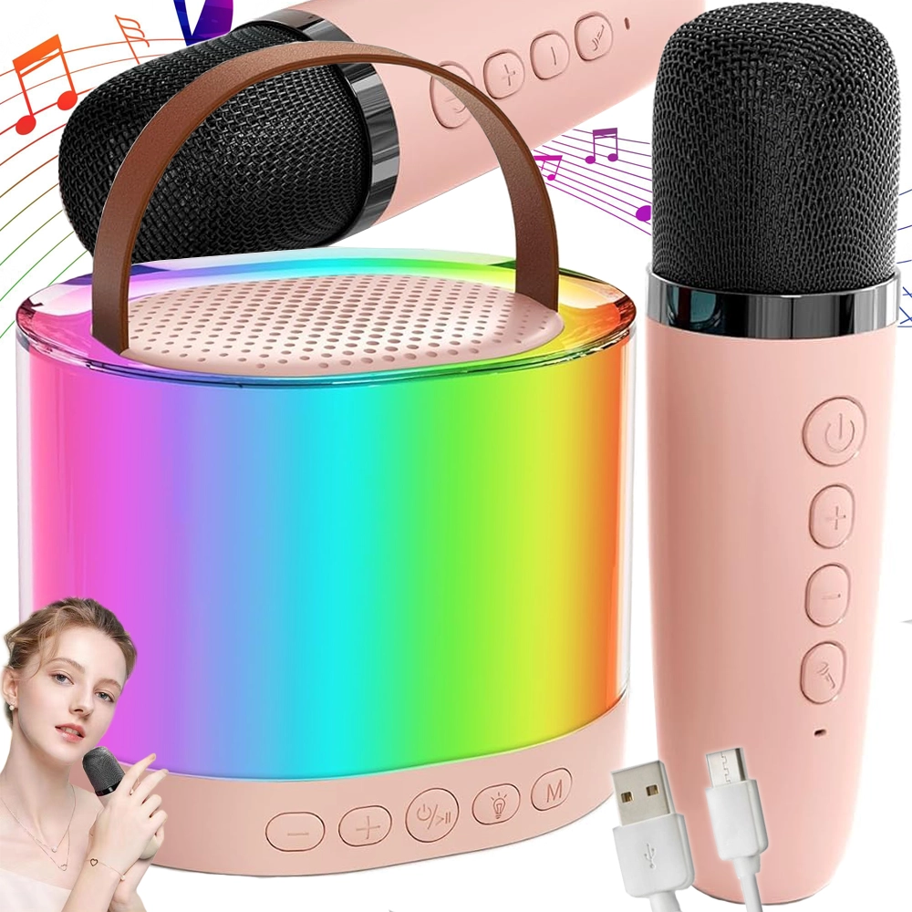 Karaoke set s prenosným bluetooth reproduktorom a 2 bezdrôtovými mikrofónmi s RGB podsvietením