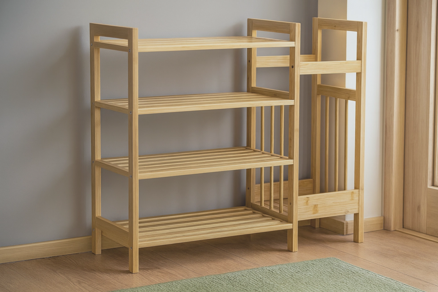 E-shop Bambusový regál so 4 policami a bočnou priehradkou na dáždniky 73,5 × 28 × 66 cm