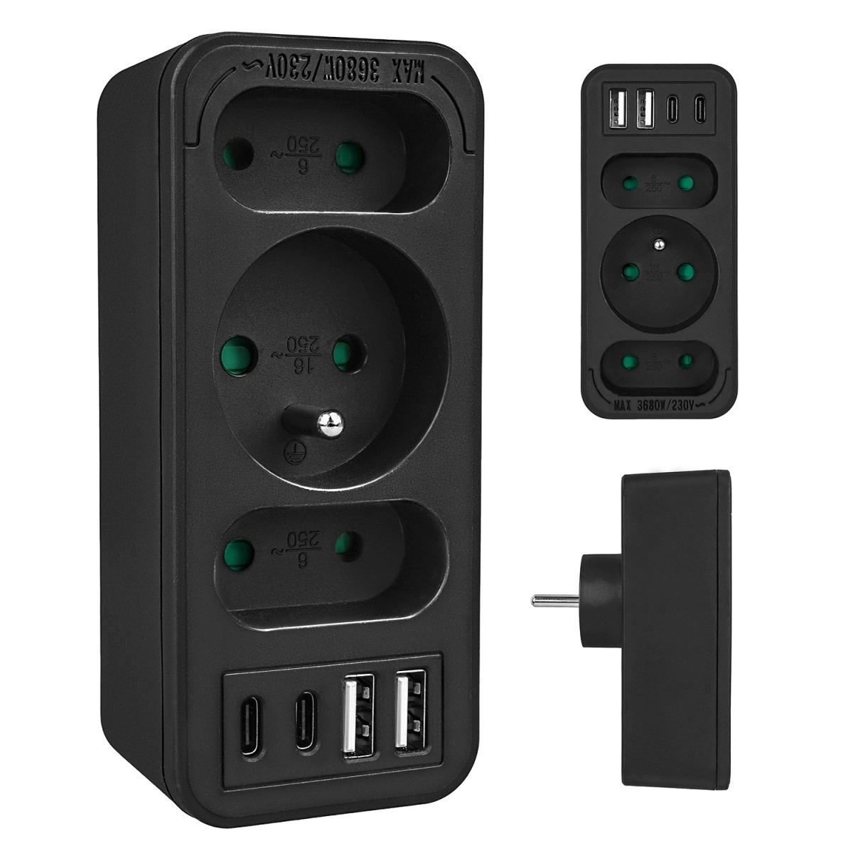 Rozbočovač do zásuvky s 3 výstupmi a USB-A/USB-C, čierny