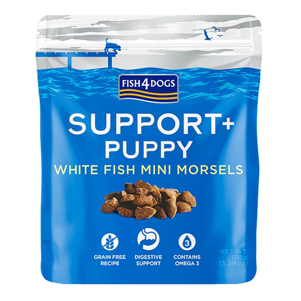 E-shop FISH4DOGS Maškrty pre šteniatka na podporu trávenia s kúskami bielej ryby a prebiotikami 150 g