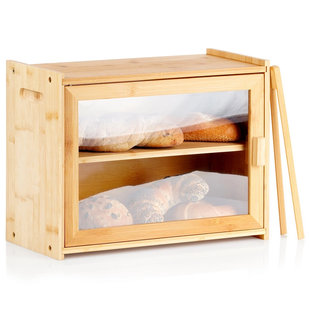 E-shop Bambusový dvojúrovňový chlebník s kliešťami 40 × 20 × 31 cm
