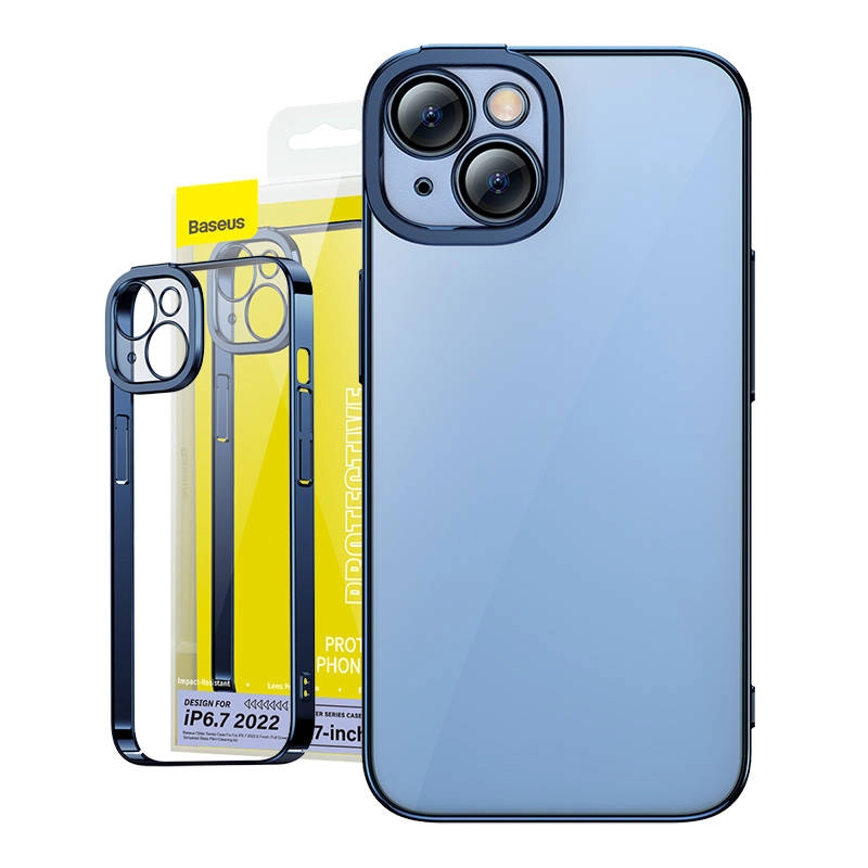 E-shop Baseus Glitter Priehľadné puzdro a sada tvrdeného skla pre iPhone 14 Plus (modrý)