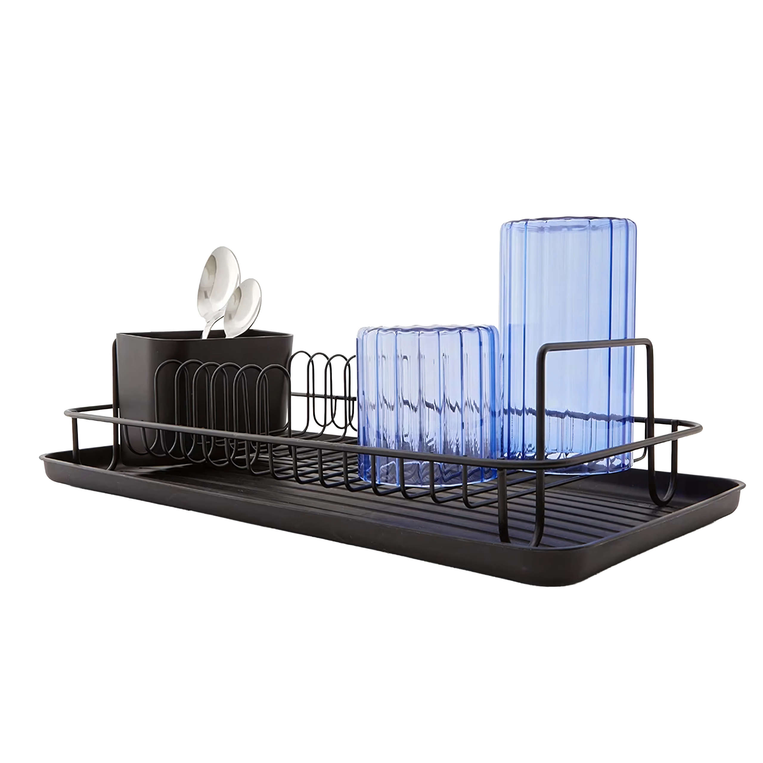 Odkvapkávač na riad s odkvapkávacou miskou, čierny, veľký, s priehradkou na príbor