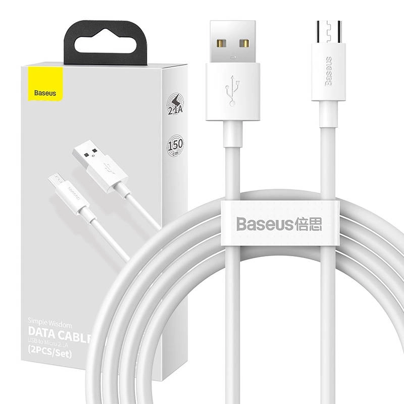 E-shop Baseus 025440 Simple Wisdom micro USB na USB, 2.1A, 1.5m, bílý 2ks