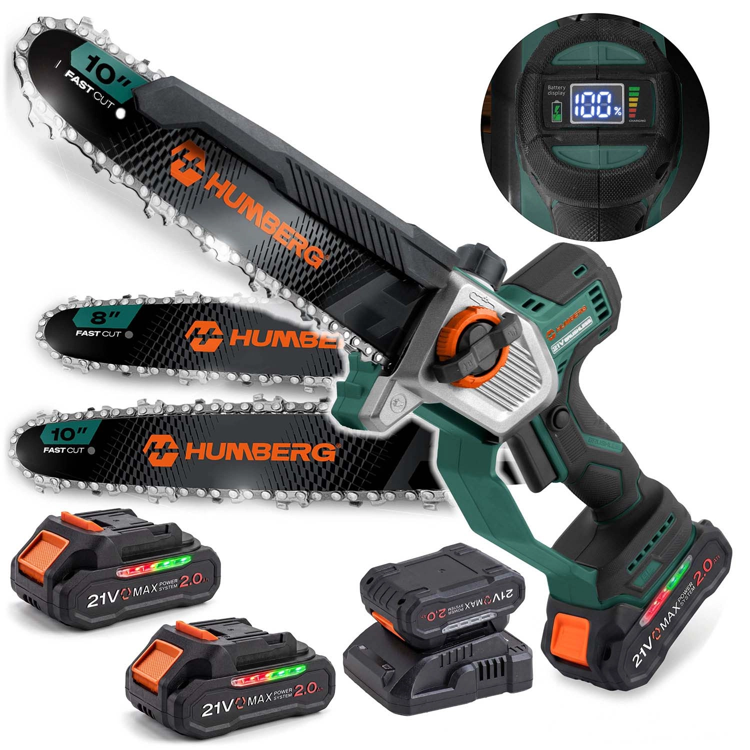 Humberg hm-437 akumulátorová mini reťazová píla s lištou 10" a 8" (2× 21 V 2,0 Ah)