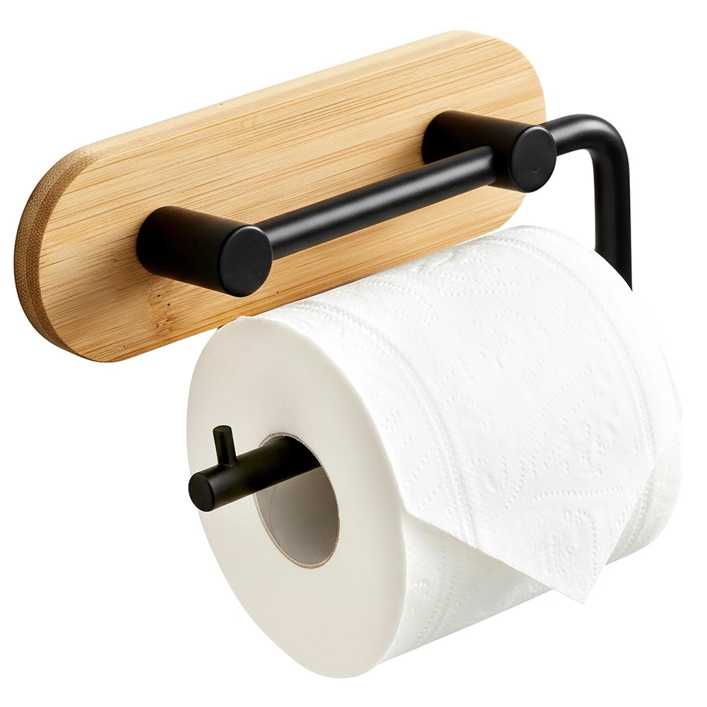 Nástenný držiak na toaletný papier bambus a čierny kov 13,5 cm
