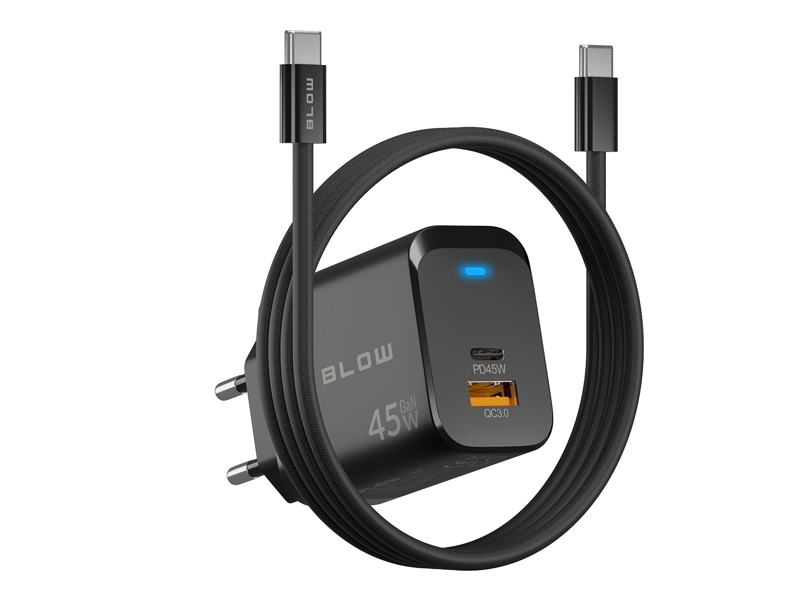 E-shop BLOW GaN sieťová nabíjačka 45 W (USB-C PD + USB-A QC 3.0) s káblom USB-C–USB-C