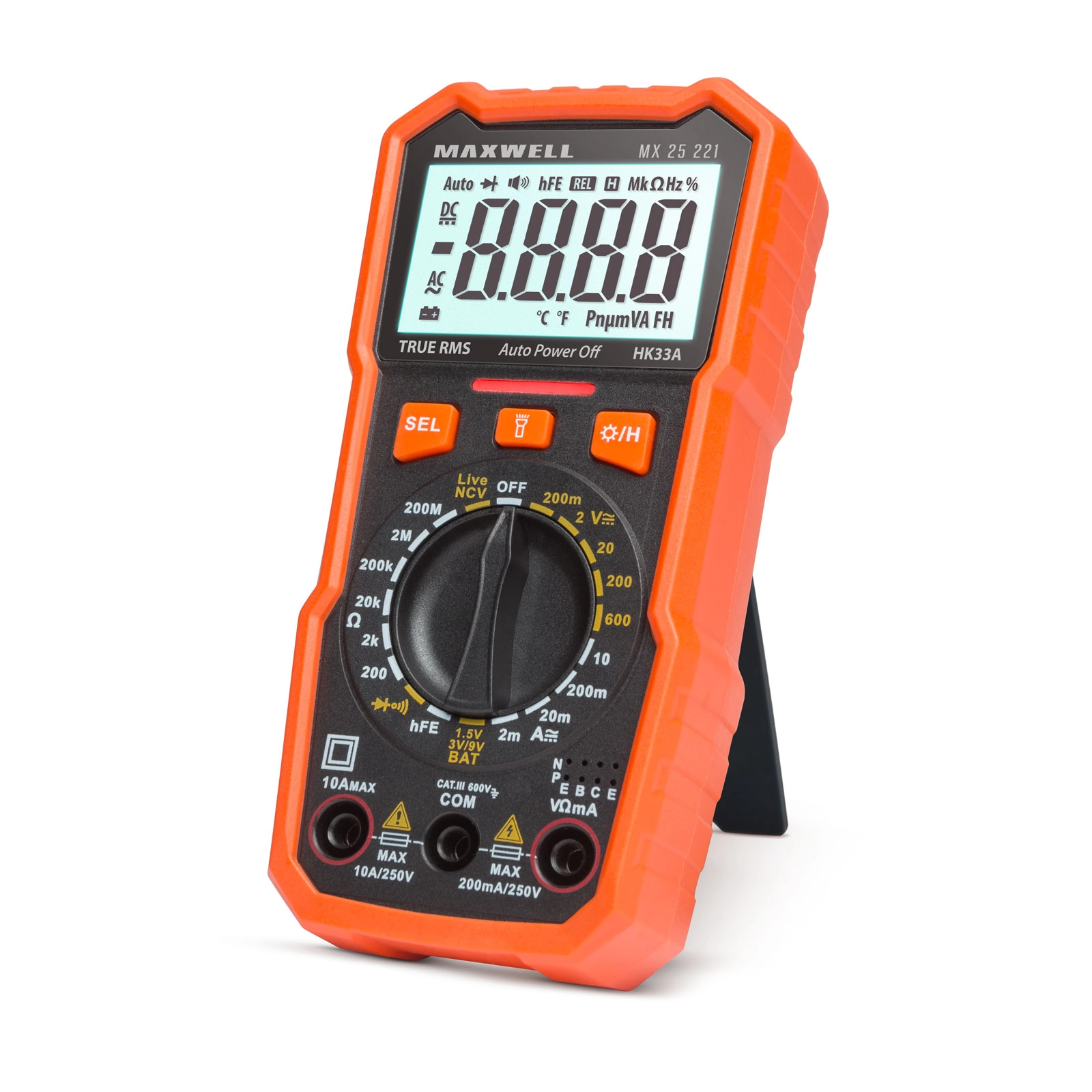 Digitálny multimeter Maxwell s testerom batérií a pracovným svetlom