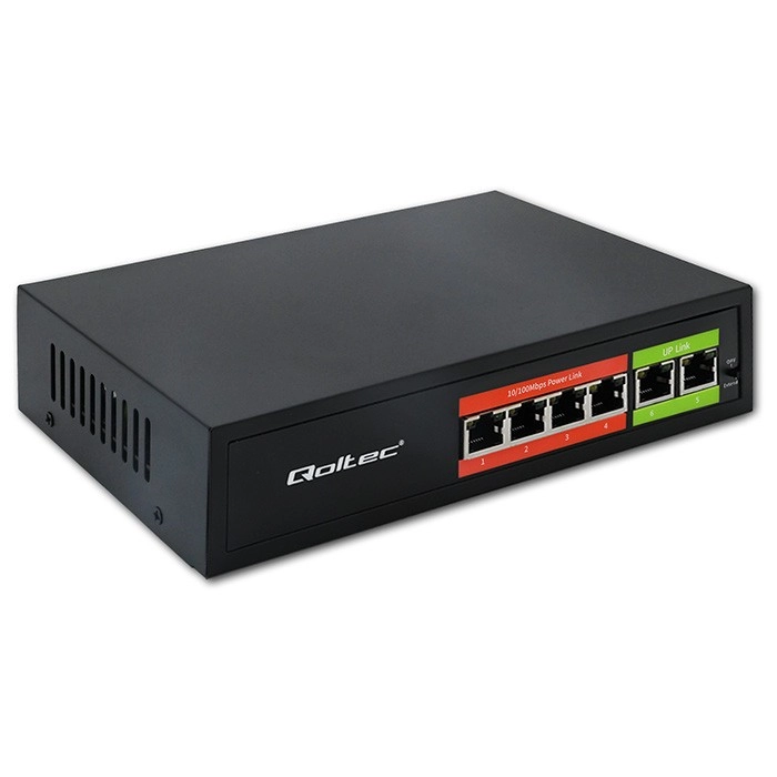 Sieťový switch Fast Ethernet PoE 4× RJ45 + 2× RJ45 uplink 65 W 10/100 Mb/s