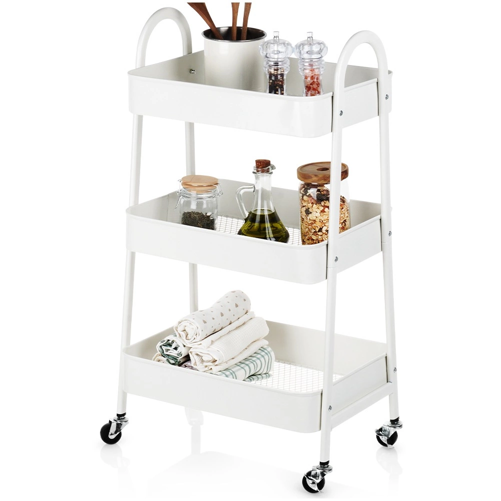 E-shop Kovový pojazdný regál 3-úrovňový biely 44 × 31,5 × 78,5 cm