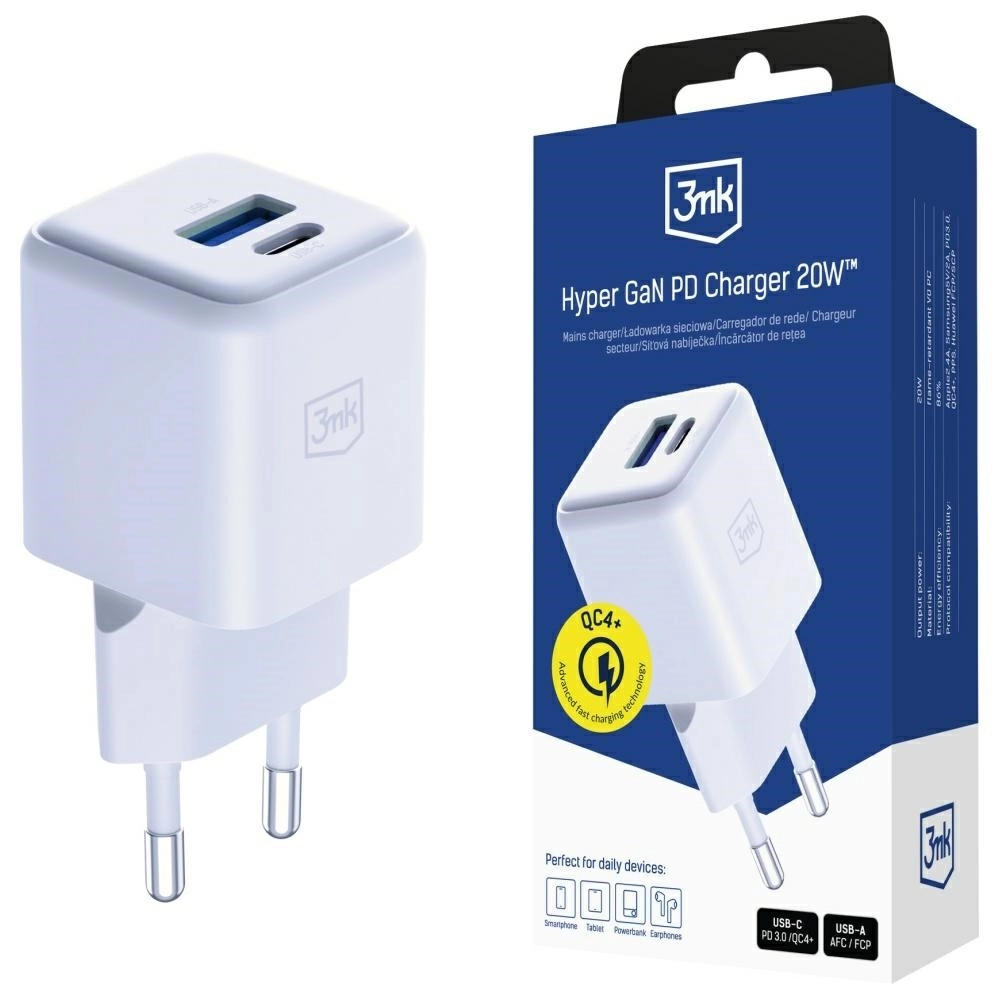 E-shop 3mk Hyper GaN sieťová nabíjačka 20 W USB-A a USB-C biela