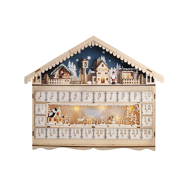 Solight LED adventný kalendár v tvare horskej chaty, 10× LED, 50 × 40 cm
