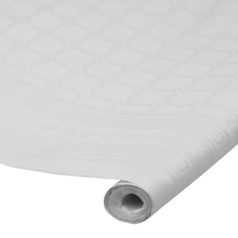 E-shop Jednorazový biely papierový obrus v roli 120 × 600 cm s damaškovým vzorom