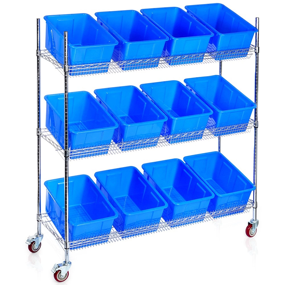 E-shop Trojúrovňový pojazdný regál s plastovými boxmi (12 ks)