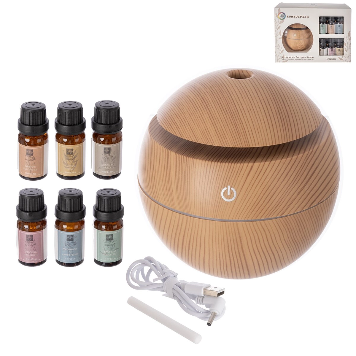 E-shop Elektrický aroma difuzér béžový s USB napájaním + sada 6 vôní 10 ml
