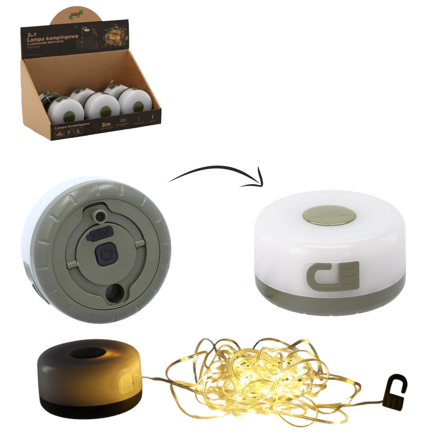 Kempingová LED lampa s 8 m svetelným reťazom, USB‑C