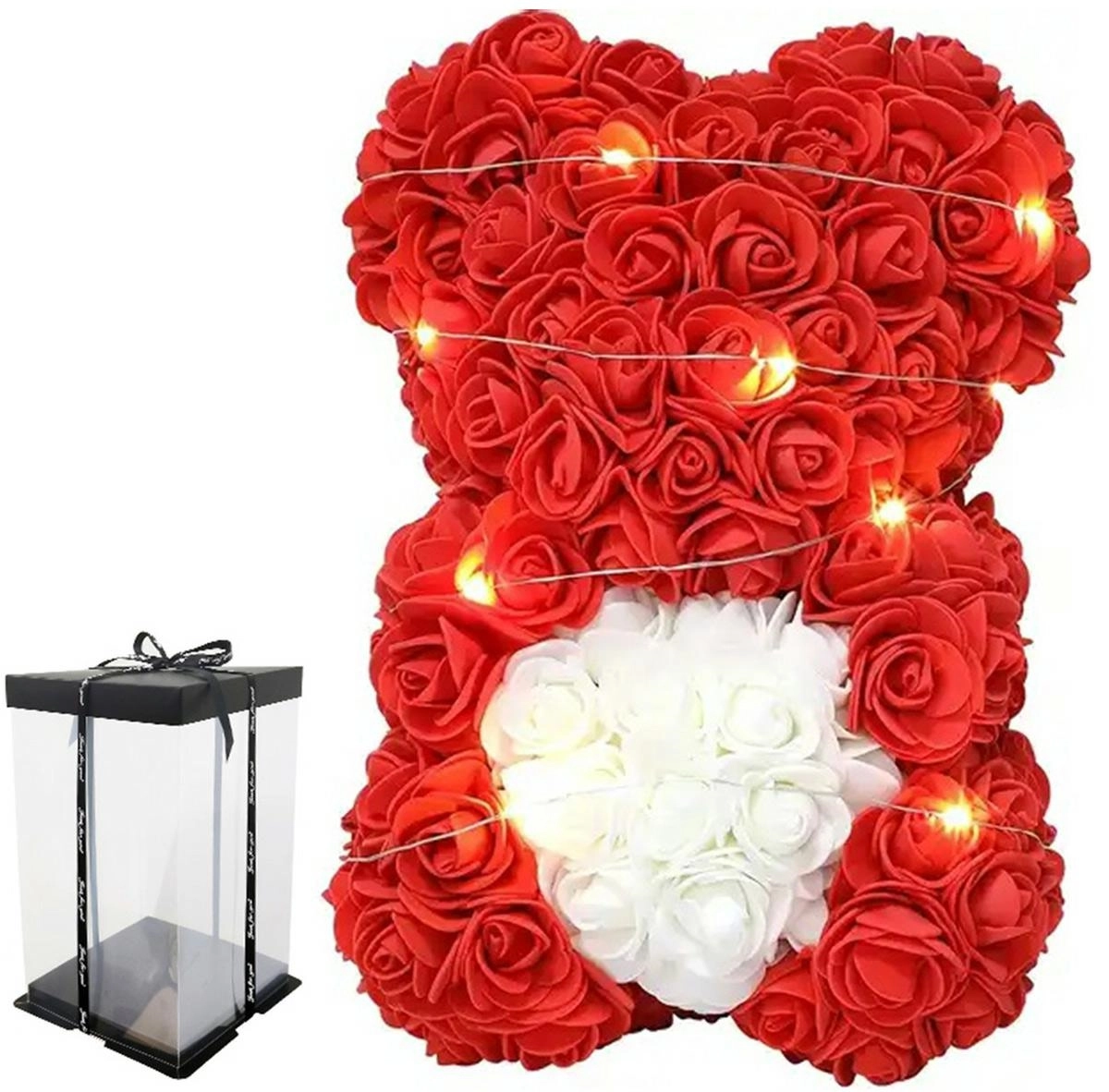 E-shop DMCB-25L dekoratívny medvedík z ruží s LED červeno-biely 25 cm