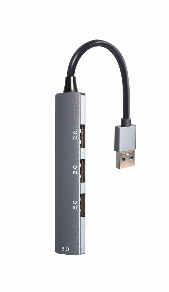 USB hub 4‑portový, 1× USB 3.0 a 3× USB 2.0, strieborný