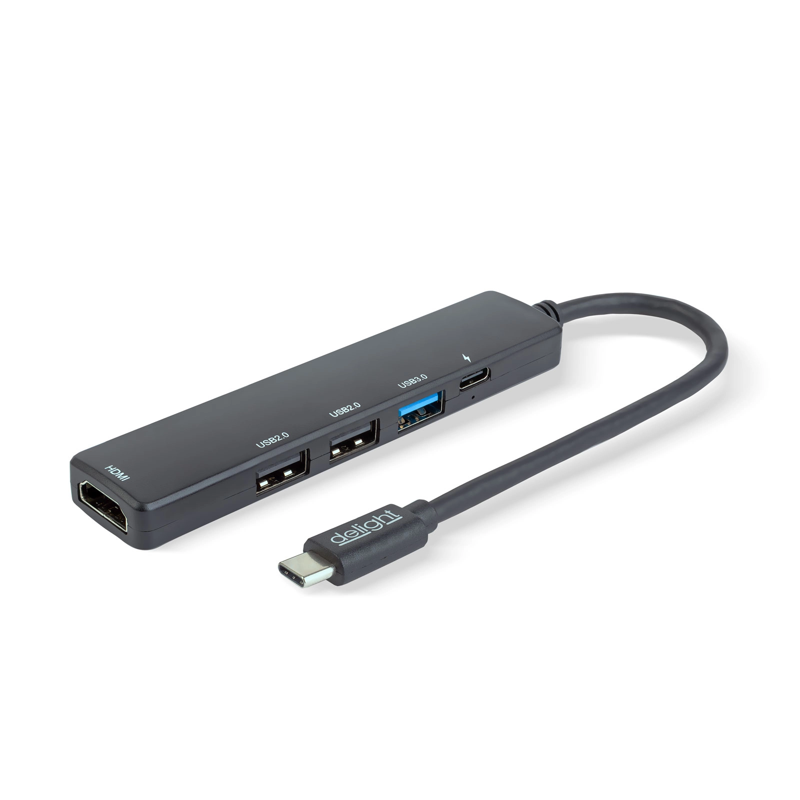 Multifunkčný USB-C hub s HDMI, 3× USB-A a USB-C, 100 W, čierny