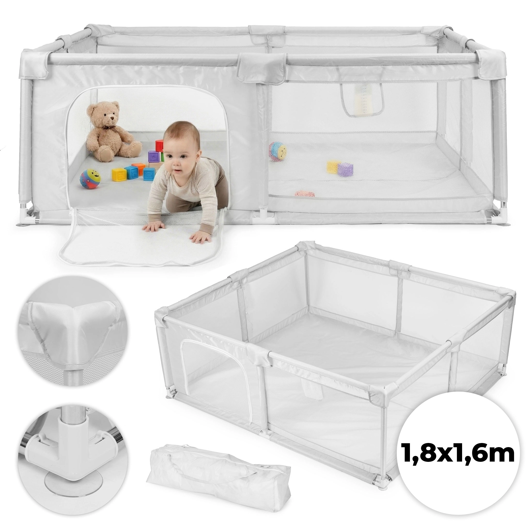 E-shop Ecotoys PP008-1816 Oplotený priestor s taškou na prenášanie 180 × 160 cm sivý
