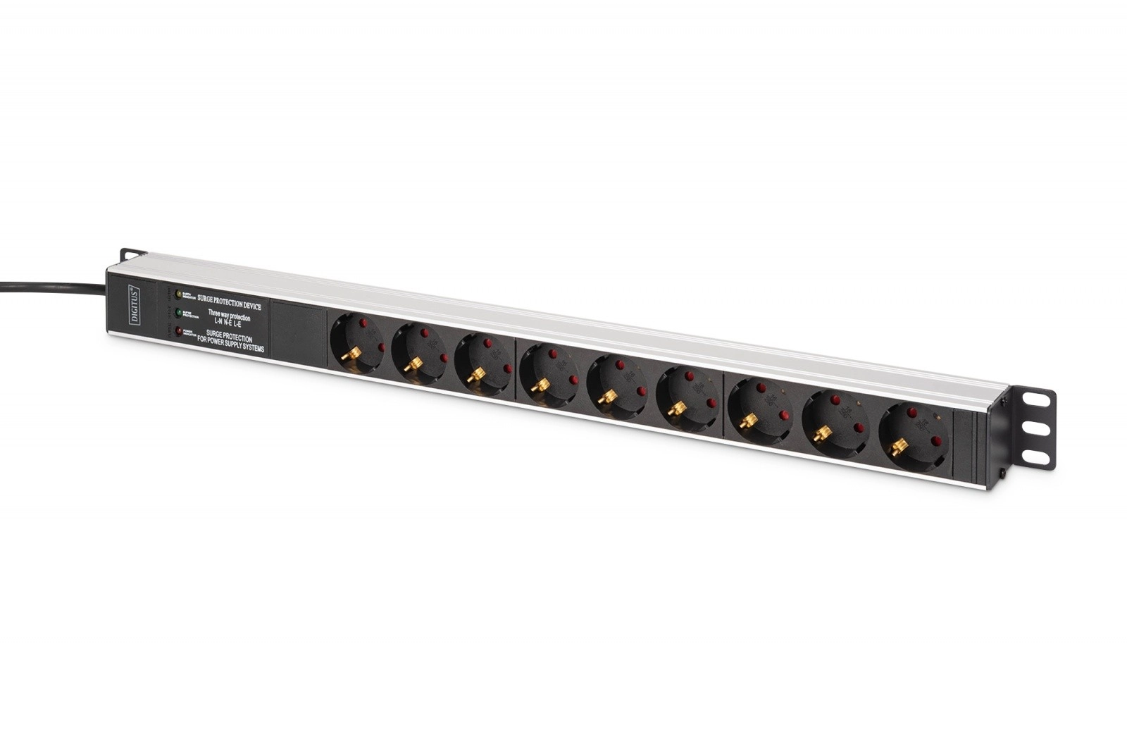 E-shop Racková napájacia lišta DIGITUS PDU 9× Schuko s prepäťovou ochranou a EMI/RFI filtrom, 620 mm