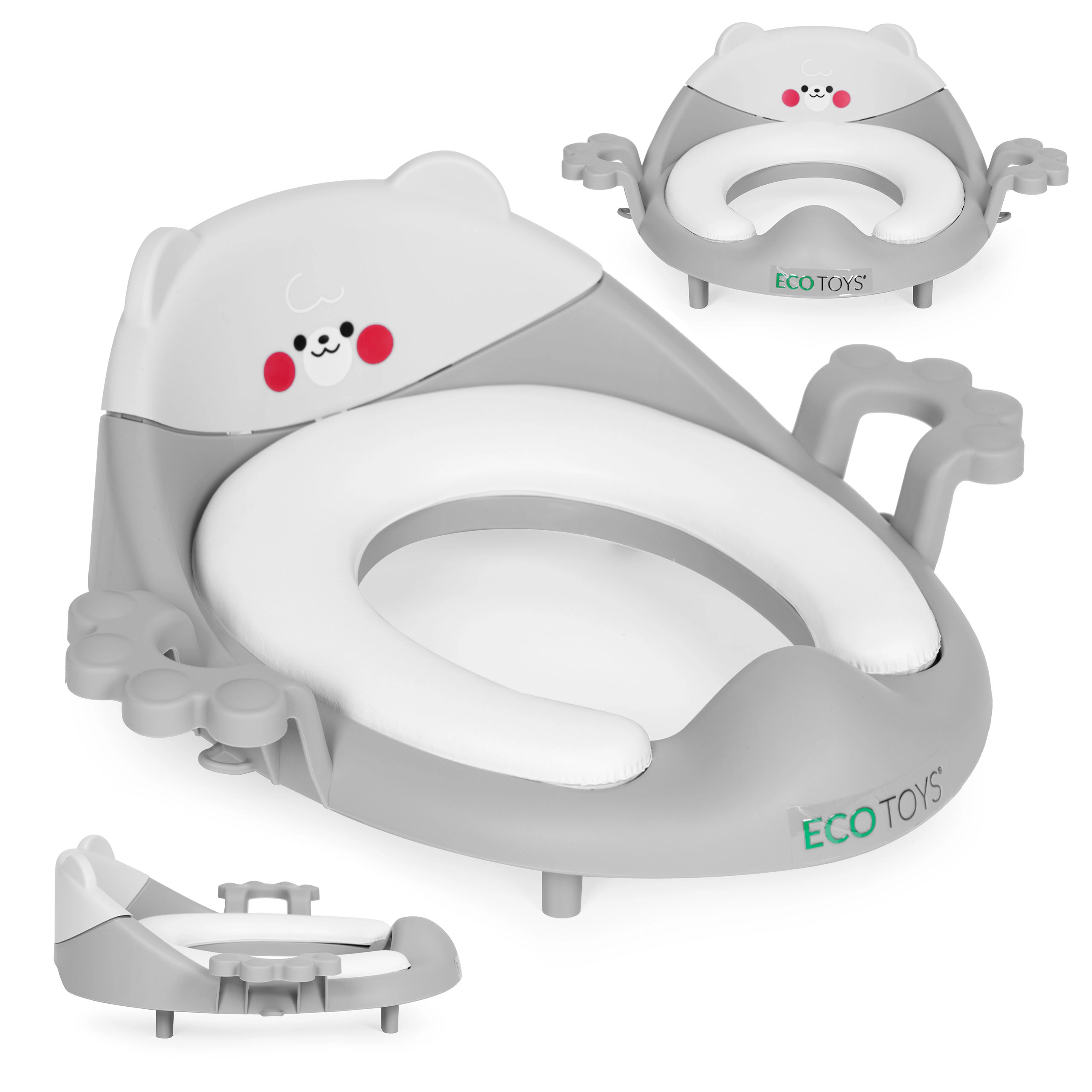 Detská toaletná sedačka s držadlami a mäkkým vankúšom, šedá, ECOTOYS