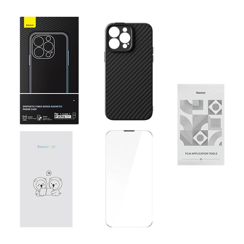 E-shop Magnetic Case Baseus Synthetic Fiber Series for iPhone 14 Pro čierne+ tempered glass + cleaning kit