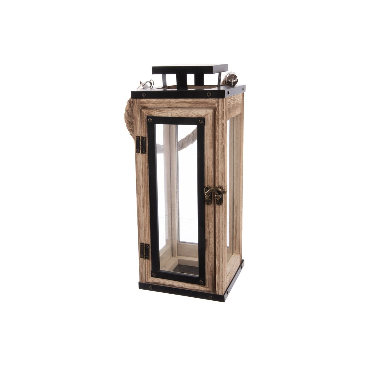 E-shop Malá béžová lucerna z dreva a kovu 13 × 13 × 32 cm