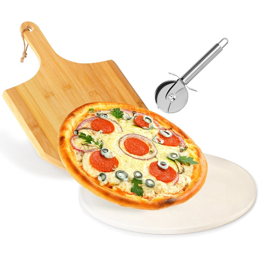 Šamotový kameň na pizzu s bambusovou lopatou a nerezovým krájačom, 3-dielna sada