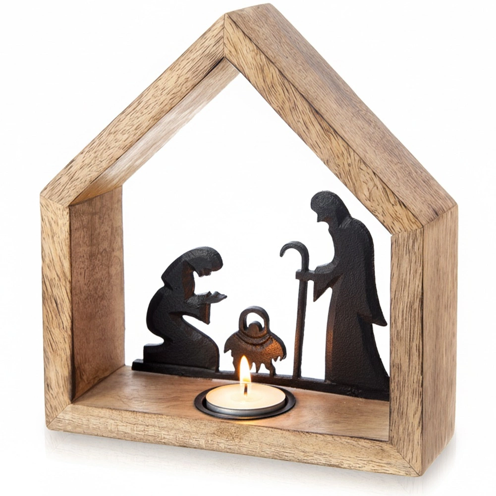 drevený svietnik na čajovú sviečku betlehemská maštaľ z manga 20 × 6 × 22 cm