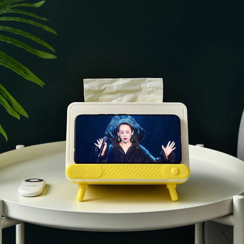 E-shop Krabica na papierové vreckovky s držiakom na telefón retro TV – žltá