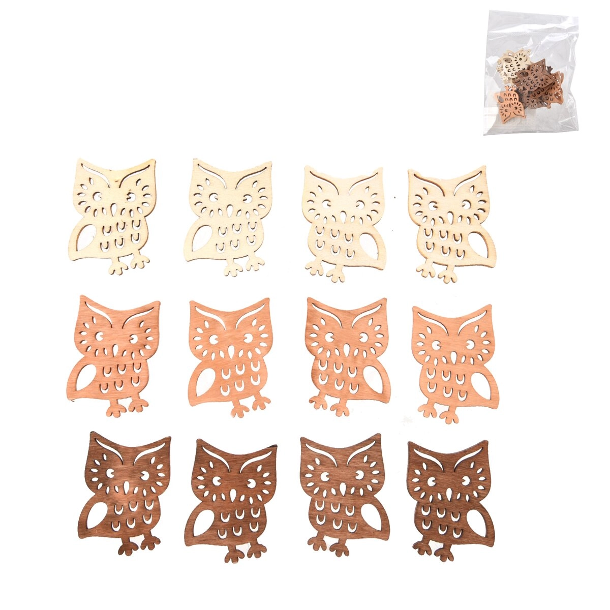E-shop Drevené dekorácie sova – sada 12 ks, 4 cm