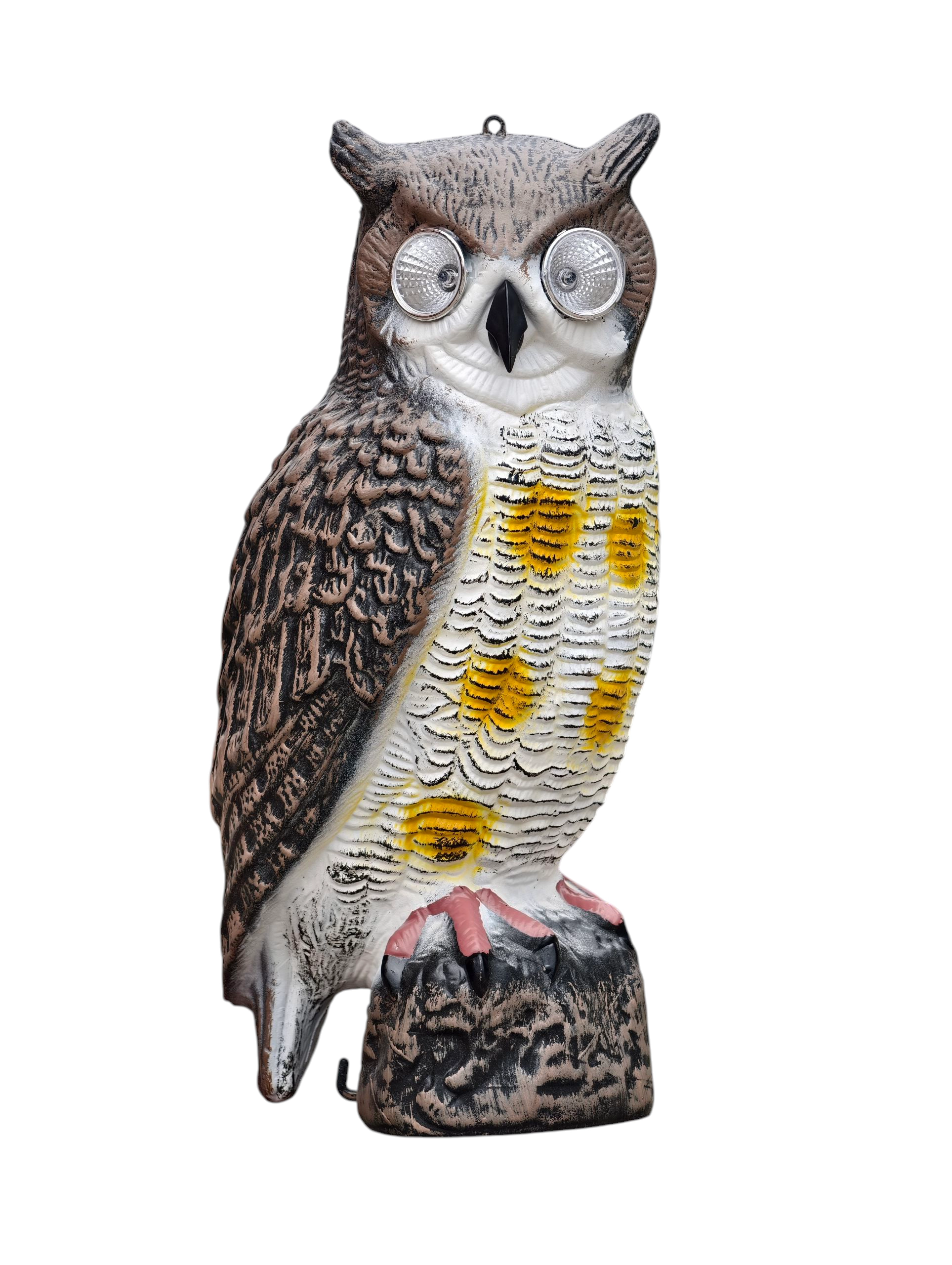 solárny plašič vtáctva – realistická sova s LED očami