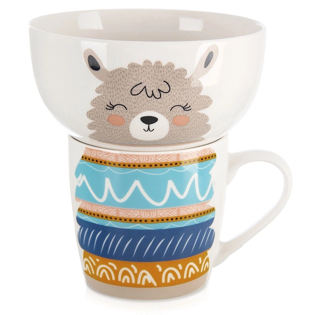 Porcelánový raňajkový set pre deti lama – hrnček a miska
