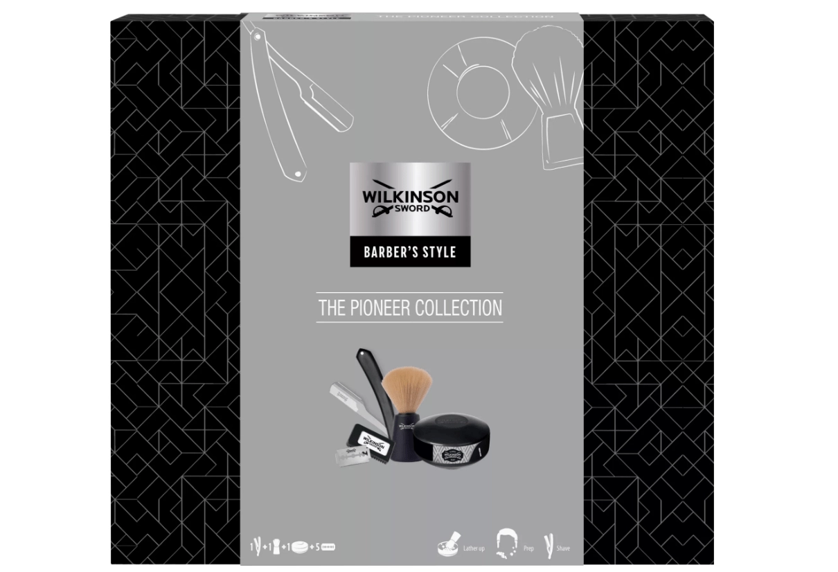 E-shop Wilkinson Sword Barbers Style klasická holiaca britva + mydlo na holenie 125 g + štetec na holenie + náhradné žiletky 5 ks darčeková sada