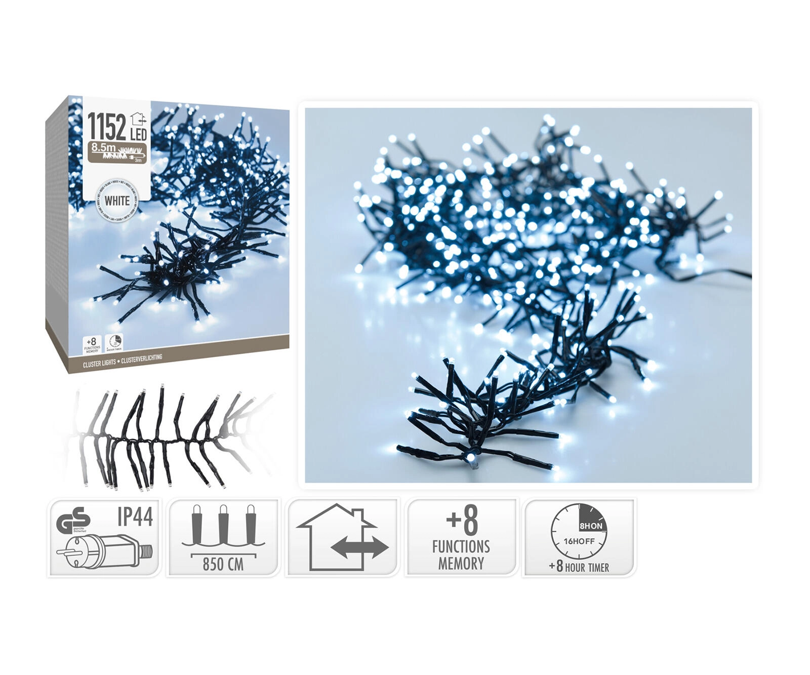 E-shop Vianočný LED reťaz 8,5 m, studená biela, 1152 LED, 8 funkcií s časovačom