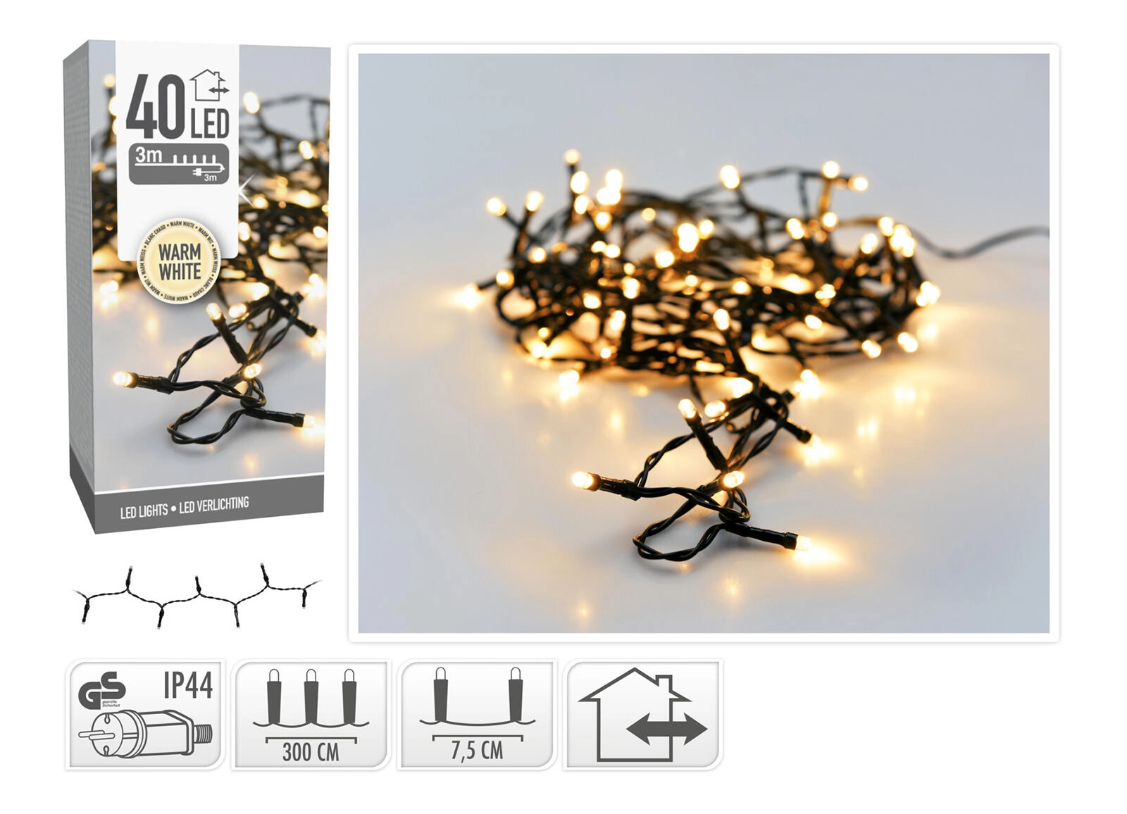 Levoma LED svetelná reťaz, 40 LED, teplá biela, 230V~, IP44, vnútorné/vonkajšie, farba kábla zelená