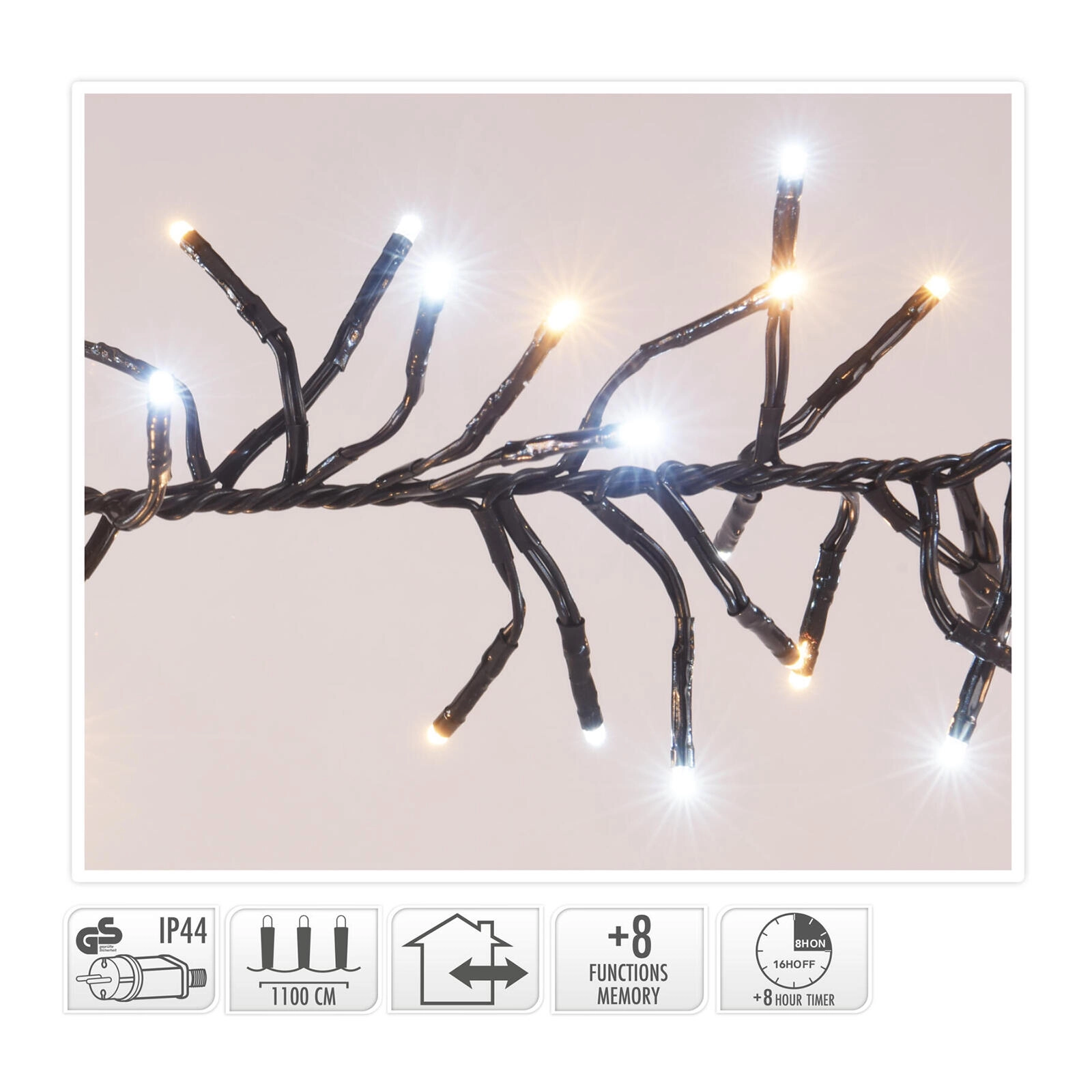Vianočná svetelná reťaz 11 m, 1512 LED, teplá biela, 8 funkcií, IP44, s časovačom - 1 kus