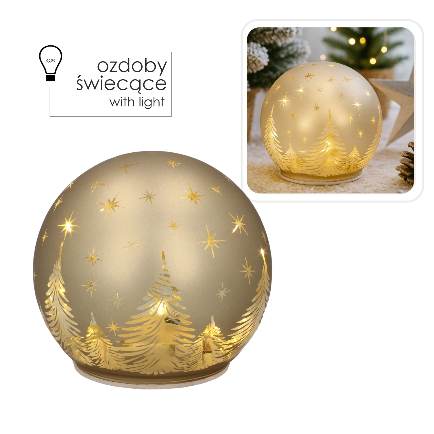 E-shop Sklenená zlatá LED guľa s efektom hviezdnej oblohy 12 × 11 cm