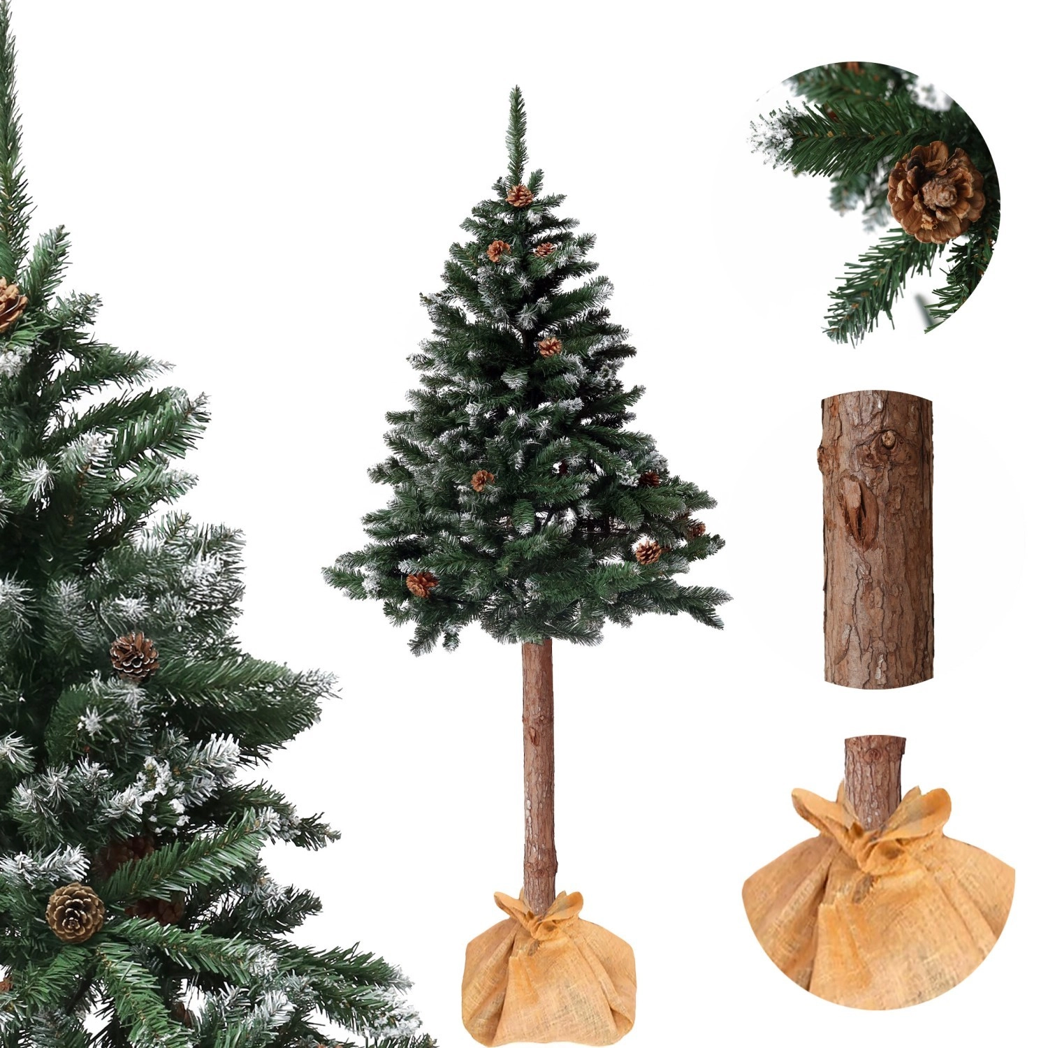 Umelý vianočný stromček na kmeni 150 cm diamantová borovica so šiškami, zasnežený