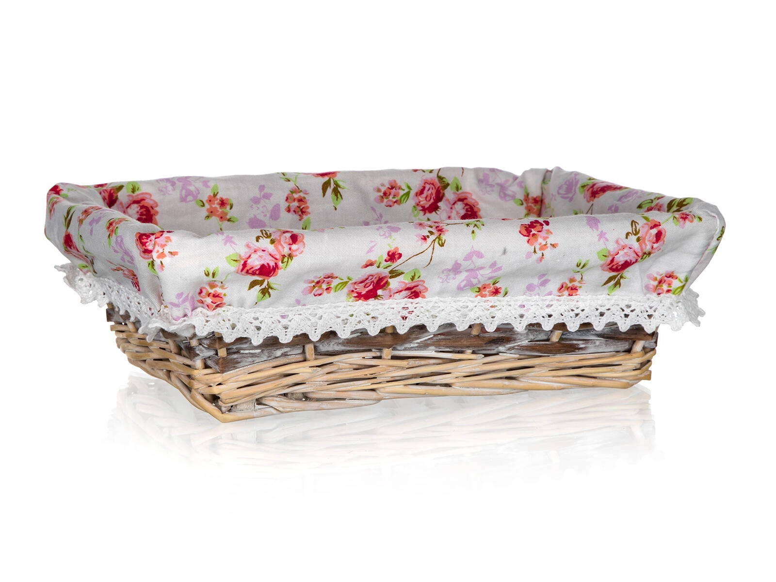 E-shop prútený košík s látkou Roses, obdĺžnikový 26 × 18 × 8 cm