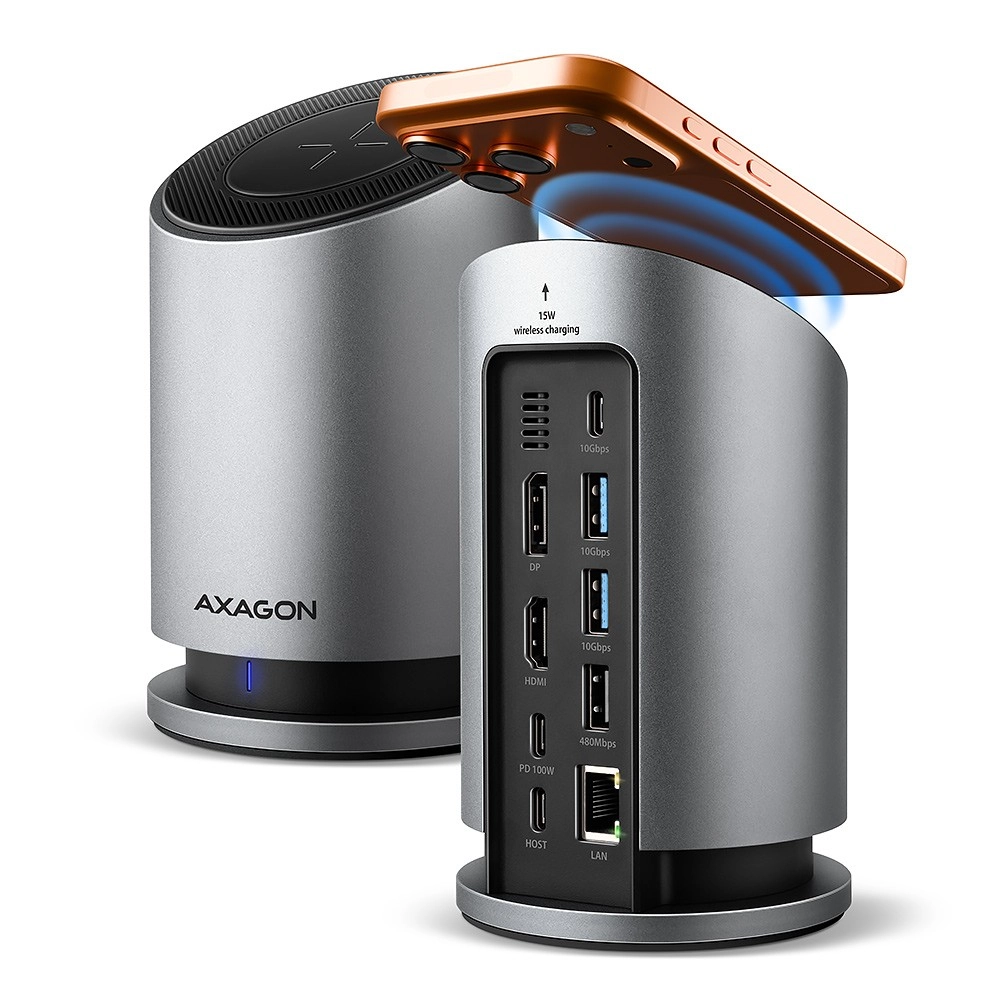 E-shop Viacportový usb-c hub 9v1 s bezdrôtovým nabíjaním 15 W AXAGON HMC-WL9
