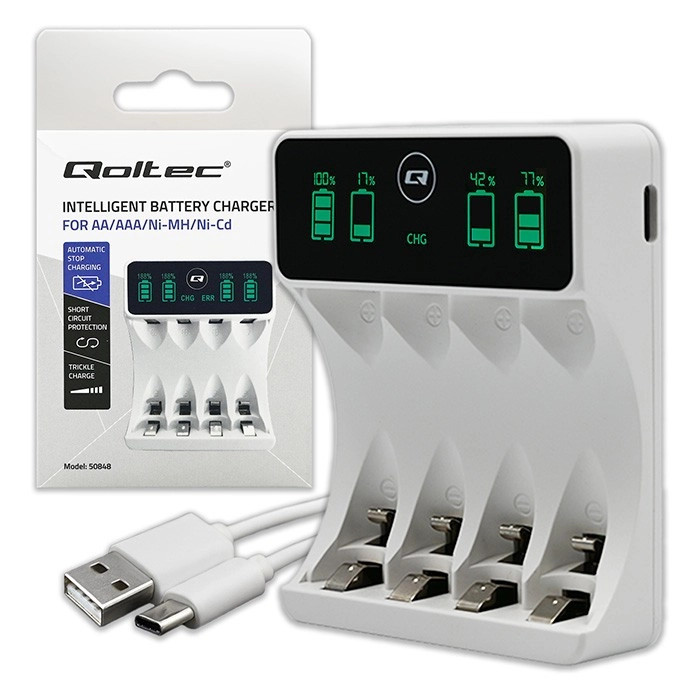 E-shop Nabíjačka pre akumulátory Ni‑MH AA/AAA s LCD a káblom USB‑C, biela