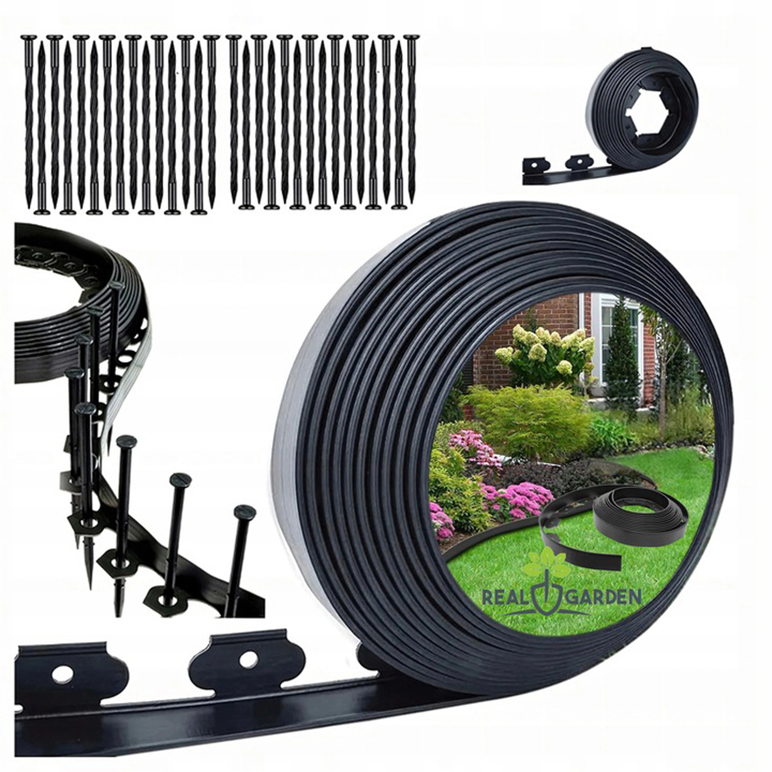 Súprava záhradného trávnikového obrubníka, čierny – flexibilný lem s kotevnými kolíkmi